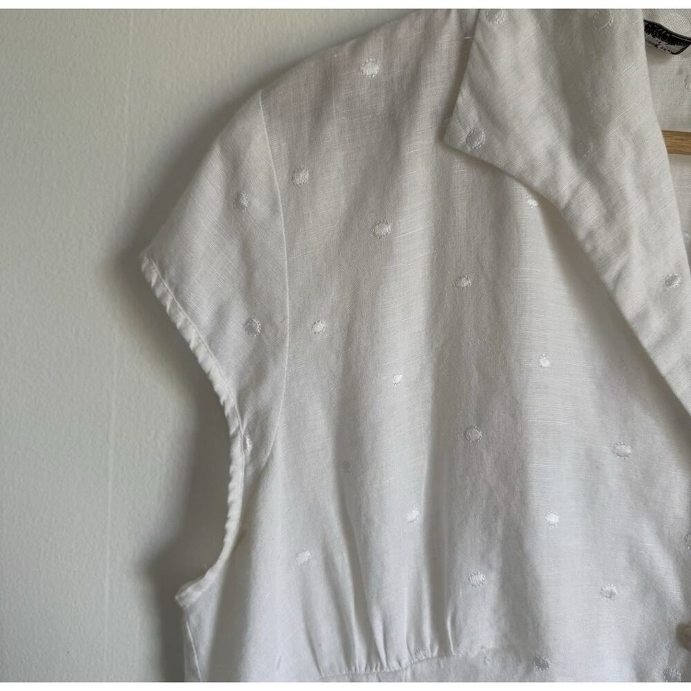 Richard Malcolm 100% Irish Linen XL White Swiss Dot Button Front Cap Sleeve Top - Picture 3 of 6